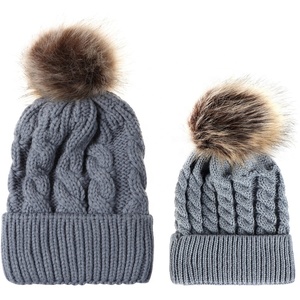 Thick Chunky Knit Thick <strong>Women</strong> <strong>Bobble</strong> <strong>Hat</strong> Faux Fur Ball Pom Pom Beanie <strong>Hat</strong> - Product Image 1