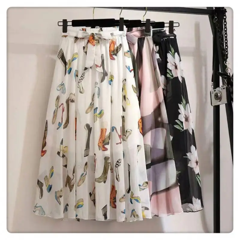 Nuevas faldas de verano para mujer, falda de gasa con estampado Vintage 2023, falda Midi informal con lazo en la cintura para vacaciones en la playa, Stock