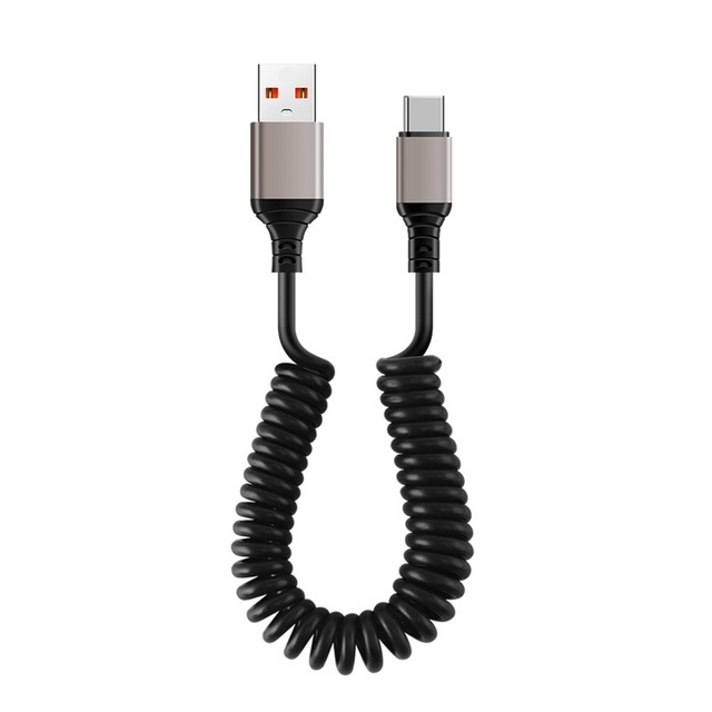 Super Fast 6A Type-c Charging Cable for iPhone Retractable 6A Spring Data Cable with TPE Jacket Black Extended Earphone Cable