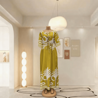 Robe Boubou Africaine en Gros pour Femmes, Manches Courtes, Imprimé Palmiers, Taille à Cordon, Grande Taille, Robe Longue Décontractée Maxi