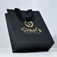 Sac en papier personnalisé imprimé avec logo, sac de shopping noir mat avec poignée en coton pour magasin de vêtements