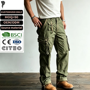 New Arrival Casual <b>Vintage</b> Washed Men <b>Cargo</b> Pants Button Fly Multi Drawstring Pockets Worsted Outdoor OEM Service - Product Image 1