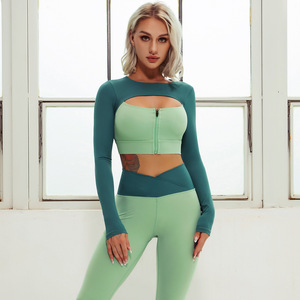 Conjunto de ropa deportiva con cremallera frontal, Top de Yoga de manga larga y leggings, 2 piezas - Product Image 4
