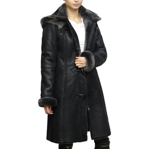 Manteau d'hiver long en cuir véritable avec capuche, doublure en fourrure, double boutonnage, coupe-vent, style décontracté - Product Image 5