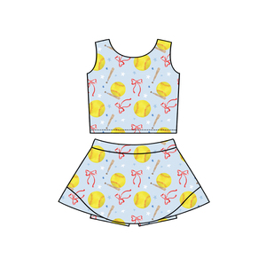 Tenues de sport personnalisées pour petites filles, style baseball, avec haut court, jupe et short, vêtements pour sœurs, en tissu peigné - Product Image 2