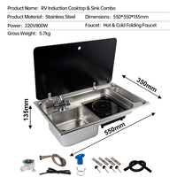 Évier 2 en 1 pour camping-car avec plaque à induction, unité de cuisine intégrée en acier inoxydable pour camping-car, caravane, bateau avec couvercle en verre
