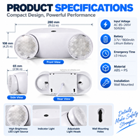 Lampe LED d'urgence, boîtier en plastique résistant au feu, deux têtes de lampe, 3 heures d'autonomie, rechargeable, 1800 mAh, IP20, 6000 K, intérieur