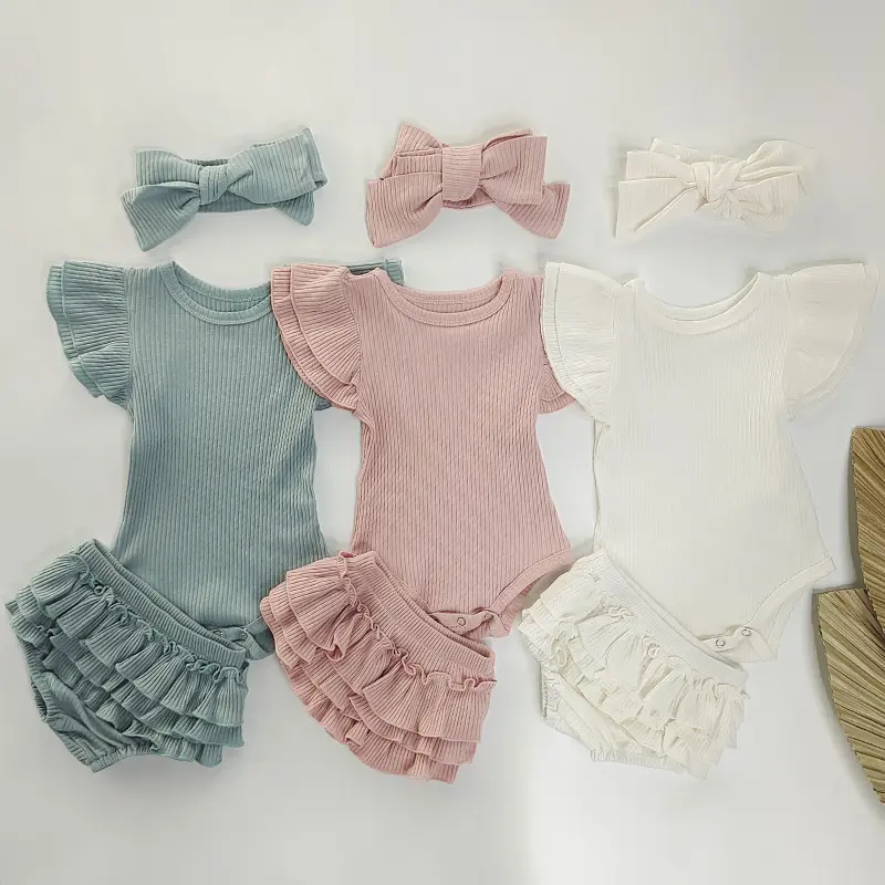 Summer Girls Layette Sets Clothing Ruffles Infant Baby Clothes Romper Set With Headband
