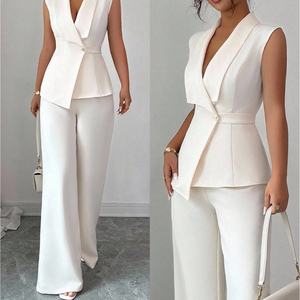 Conjunto de Pantalones y Blusa sin Mangas con Cuello en V, Transpirable, de Spandex/Poliéster, Elegante e Informal para el Trabajo, para Mujer, Regalos IStapromo de Verano - Product Image 2
