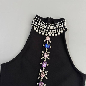 Robe longue noire à perles pour femme - Robe de soirée formelle ornée de cristaux et de perles, robes de fête tendance - Product Image 6