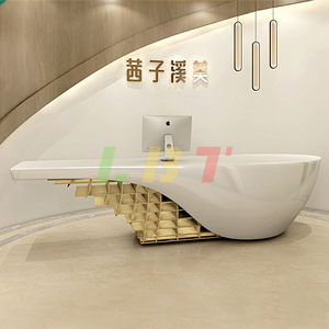 Mostrador de Recepción Ovalado con Incrustaciones de Madera y Fibra de Vidrio, Personalizado con Luz LED, Diseño Contemporáneo, Hecho en Shenzhen - Product Image 3
