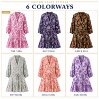 Robe Courte Femme Personnalisée Imprimée Numérique Motif Floral Taille Naturelle Col V Boutonnée Devant Coupe Évasée OEM ODM Marque Privée