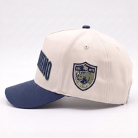 Casquette de baseball brodée 3D personnalisée, bicolore crème et marine, 5 panneaux structurés, logo sur patch latéral, casquettes de sport OEM ODM