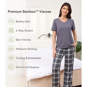 Conjunto de pijama de viscosa de bambú para mujer BambooBud, suave, de manga corta, con cuello en V y pantalones, ropa de dormir con bolsillos, ropa de estar por casa, tallas S-XXL - Product Image 6