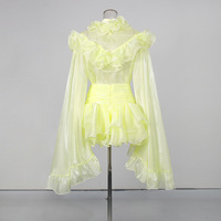 OUDINA Nouvelle Arrivée Ensemble Deux Pièces : Blouse Douce à Manches Longues, Transparente et à Volants, et Mini-Jupe Courte