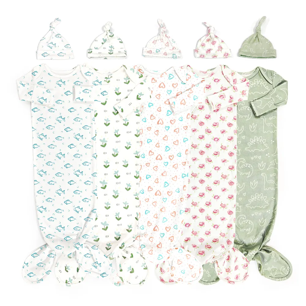 Nieuwe Aankomst Ronde Hals Baby Sleeper Jurken Custom Baby Knoop Jurken Organische Lange Mouw Baby Bloemenjurk Knoop