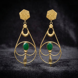 Boucles d'oreilles pendantes en laiton plaqué or avec pierre précieuse onyx vert, faites à la main, style ethnique, pour femmes et unisexe - Product Image 4