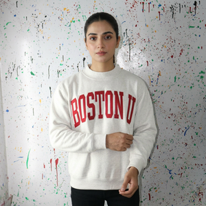 BOSTON U WHITE Hooded Sweatshirt <b>RED</b> Applique Embroidery CLUSH SPORTS 100% Cotton Winter Velour Oversized Digital High Street - Product Image 1