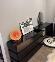 Ensemble coiffeuse avec commode à 6 tiroirs, plateau en verre trempé noir mat, fermeture douce, pour chambre à coucher et décoration intérieure