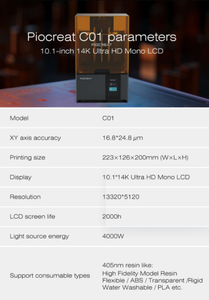 Para Impresora 3D Piocreat C01 14K LCD de 10.1 Pulgadas, Impresión Ultra HD 14K, Impresión Rápida, Eje Z Estable, 223*126*200mm, Fuente de Luz Integrada, Nueva - Product Image 6