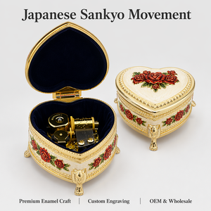 Boîte à musique en forme de cœur, cadre doré, relief rose, patte de lion, alliage de zinc, mouvement Sankyo, 18 notes, cadeau de mariage, bijou, bibelot personnalisé - Product Image 1