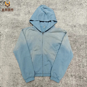 Sudadera con capucha unisex azul claro con cremallera y pedrería de cristal, OEM, de lujo, brillante, estilo urbano, con efecto descolorido por el sol, 100% algodón - Product Image 1
