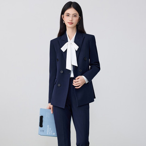 Women's Suit Set Navy Blue Double Breasted Blazer Pants Anti-Wrinkle Office Lady Autumn Formal Wear - Product Image 1