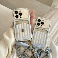 Étui de téléphone de luxe à rayures bleues et motif floral, avec porte-cartes, cordon et anti-traces de doigts pour iPhone 16/15/14 Pro Max – Mignon pour femmes