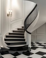 Escalier pliant moderne de luxe sur mesure pour intérieur, escalier courbé avec marches en bois massif et balustrade en verre, idéal pour hôtels, résidences et villas.