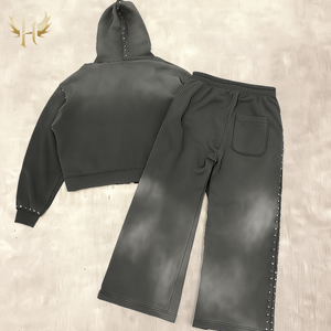 Custom Distressed Zip up Colorful Rhinestone Flared Sweatpants and Hoodie Sets Men Streetwear <strong>Tracksuit</strong> Acid Wash Sweatsuit - Product Image 2