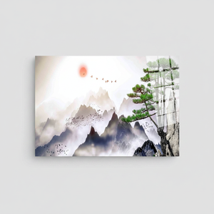 Obra de arte impresa en lienzo plano: Decoración minimalista japonesa con vista a montañas, arte en vidrio templado - Product Image 2