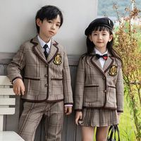 RG-automne Plaid tissu fille hauts jupe plissée ensemble et garçon hauts pantalons costumes vérifier uniforme scolaire pour la maternelle