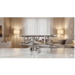 Modèle d'avion biplan plaqué argent de qualité export pour décoration et applications cadeaux haut de gamme, disponible à la vente - Product Image 1