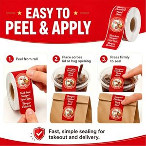 Tamper Evident Stickers for Food Delivery <b>Red</b> Tamper-Proof Safe Seal Tape & Labels for Sealing Drink, Food & Pizza Boxes - Product Image 2