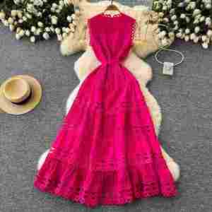 Vestido Maxi Casual de Verano con Cuello Redondo para Mujer, Sin Mangas, Estilo Imperio, Tejido, Línea A, Bordado, Encaje Hueco, Transpirable y Ecológico - Product Image 4