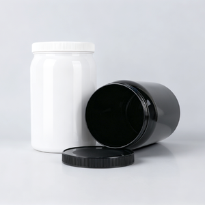Pot en plastique PET à large ouverture, blanc et noir, 4L, pour protéines en poudre et poudres nutritionnelles, avec couvercle à vis. - Product Image 1