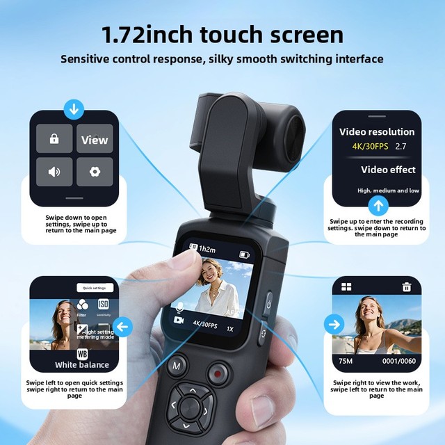 New Cross-Border 4K CMOS Sensor Handheld Action Camera Touch Screen 1.72-inch Screen Outdoor Face Tracking Pocket Gimbal