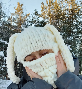 Masque de neige intégral S9485 rose, bonnet balaclava avec oreilles de lapin, bonnet en tricot épais en chenille pour femmes - Product Image 5