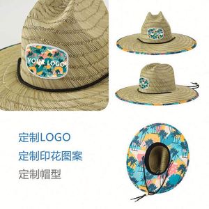 หมวกสานทรงปานามาแบบธรรมชาติสำหรับขายส่ง หมวกฟางสำหรับเล่นเซิร์ฟ ตกปลา หมวกสานสำหรับผู้หญิง หมวกไลฟ์การ์ดพร้อมลายพิมพ์ใต้ปีก - Product Image 5