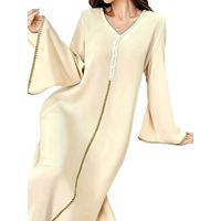 Robe longue élégante décontractée beige unie à manches volantées fendues, col en V, boutonnée sur le devant, coupe trapèze, style islamique, grandes tailles