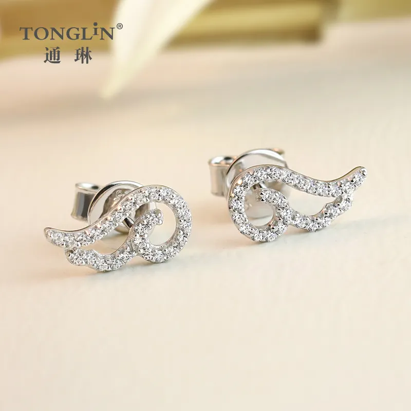 Tonglin Silver 925 Sterling Earrings Fashionable Western Cz Pave Feather Studs Gifts For Girls