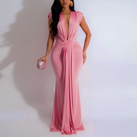 A7375 Fashion Women Elegant Dress Summer Sleeveless Belt Deep V-neck Low Cut Dress Pleated Bodycon Sexy Party Dress for Women