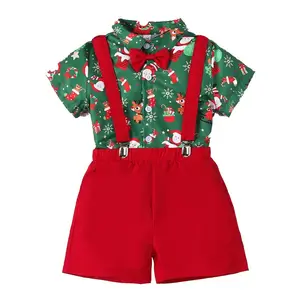 Ropa de Navidad para niños pequeños y bebés, camisa con botones y estampado de Papá Noel, conjunto de pantalones cortos, trajes de caballero