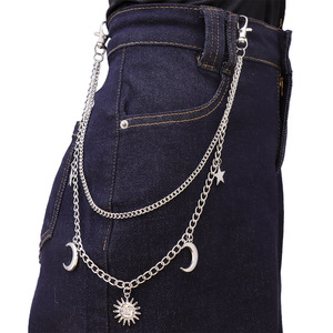 Chaîne de taille Yueli en métal avec pendentifs lune, soleil et étoile, style Hip Hop Punk, pour jeans, unisexe, en alliage de zinc, usage quotidien, double anneau, blanc K - Product Image 1