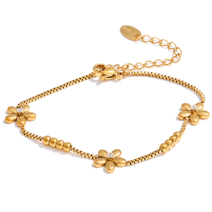 JINYOU 5114 Raffinato Bracciale con Catena a Sfere in Acciaio Inox Placcato <span class=keywords><strong>Oro</strong></span>, Bracciale con Fiore in Metallo e Zirconia Cubica per Vendita all'Ingrosso - Product Image 1