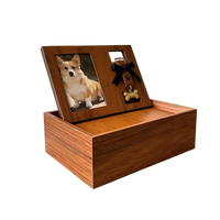 Boîte commémorative personnalisée en bois pour animaux de compagnie, design ouvert avec cadre photo sur pied, flacon pour cendres, rangement pour collier et jouets