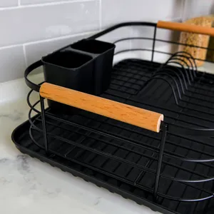 ASPIRE Black Kitchen Metal Iron Single Layer Metal Dish Rack with Wooden Handle
