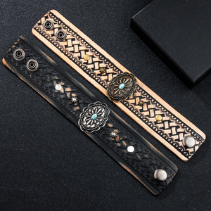 <b>Leather</b> <b>Bracelet</b> With Petal Metal Inlay And Turquoise Vintage Style Fashion Wrap <b>Bracelets</b> - Product Image 3