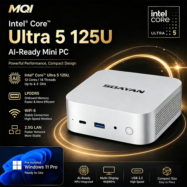 Intel Core Ultra 5 125U CPU Mini Pc 16GB 24GB 32GB RAM M.2 SSD 2.5G LAN WIFI6 Windows11 Pro MQI 14