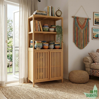 Armoire de rangement en bambou naturel à 2 niveaux, étagère ouverte, double porte à persiennes, vente en gros, écologique, organisateur multi-usages pour la maison